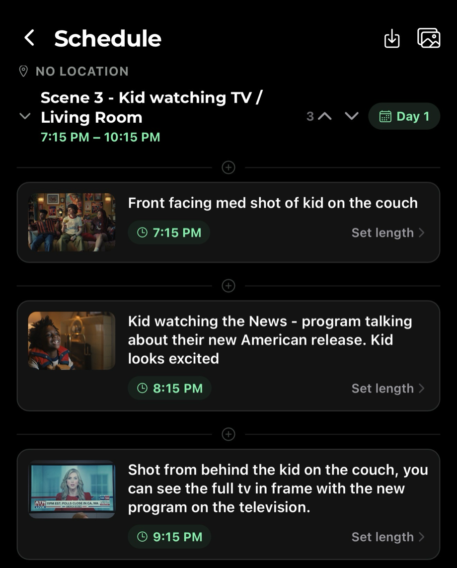 Cinefolder schedule on a phone — Scene 3 running 7:15 to 10:15 PM with three shots beneath it, each with its own start time and a Set length control